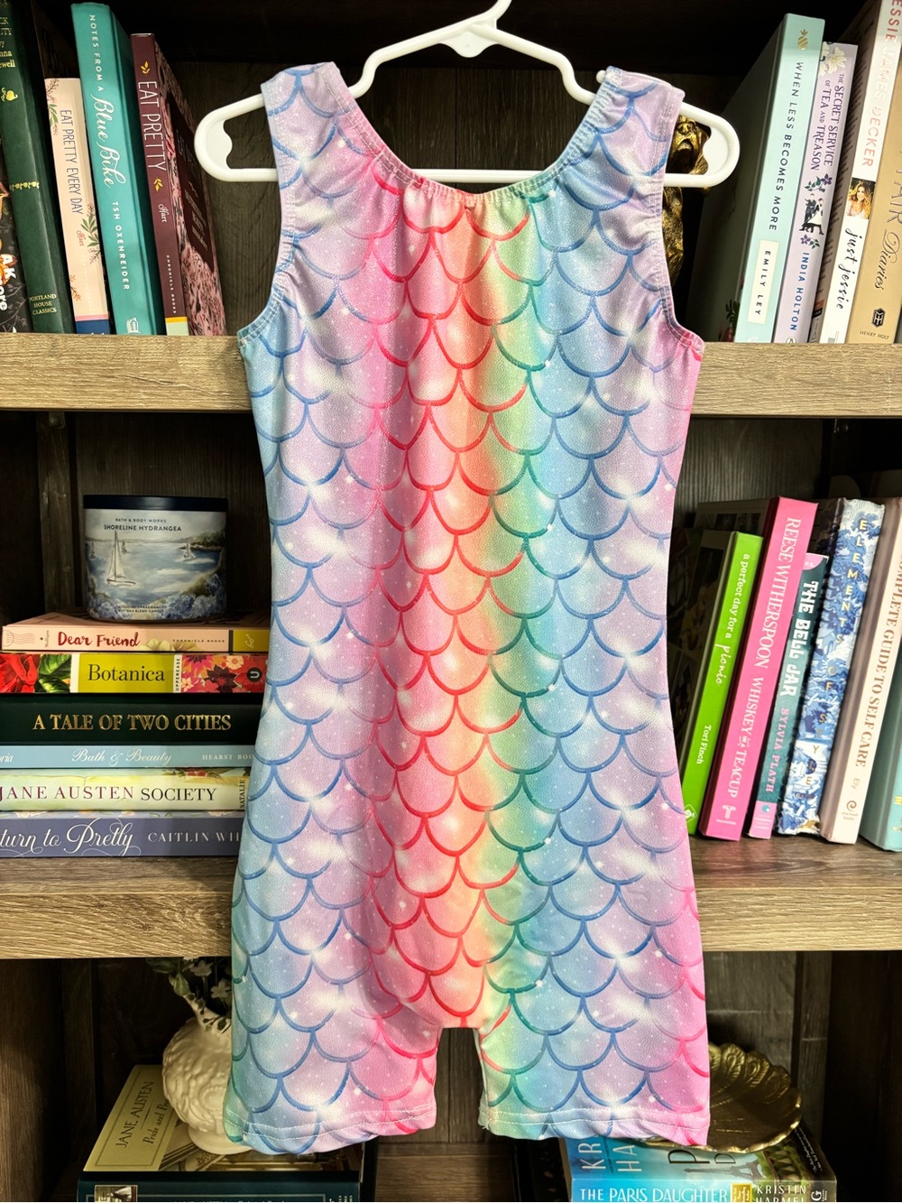 Gymnastics Leotard- Rainbow Mermaid Scales, Shimmery Pastel, Size 140